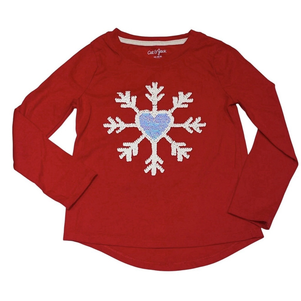 Cat & Jack Girls Flip Sequin Snowflake Heart Tee Red XS 4/5 Valentine’s Day